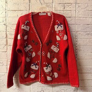 Carolyn Taylor Vintage 90s Beaded Christmas Cardigan – Size L – Red Holiday